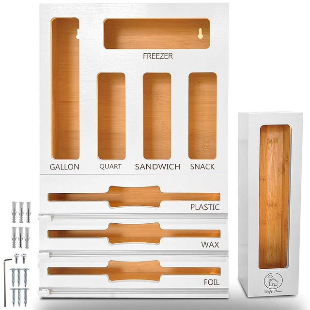 Chef's Haven Ziplock Bag Organizer with Cutter, Foil and Plastic Wrap Dispenser, 9 in 1 Bamboo Kitchen Organizer for Drawer, Pantry, & Countertop, Storage for Gallon, Quart, Sandwich, Snack Bags