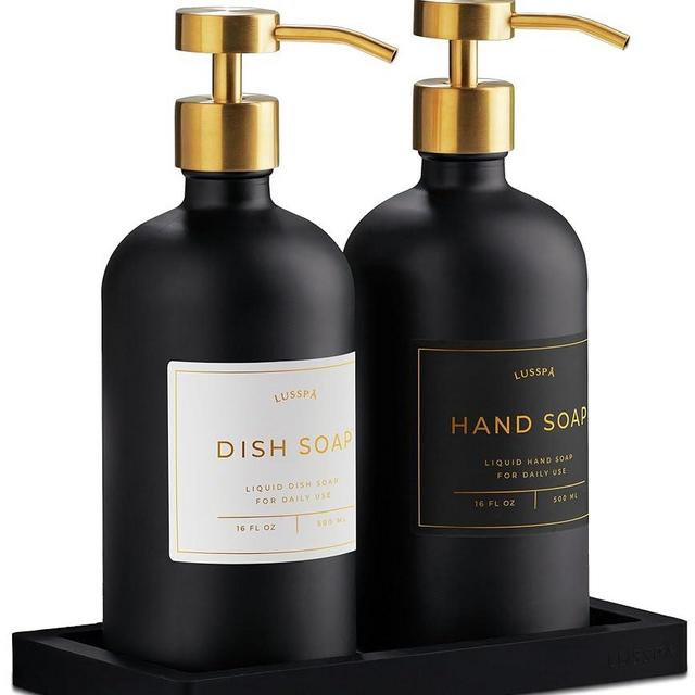 Lusspa Lotion, Hand & Dish Soap Dispenser for Kitchen Sink - Bathroom Soap Dispenser Set of 2 16.8 Oz Glass Bottles with Stainless Steel Pump, 15 Water Proof Labels & Silicon Tray (Black/Gold)