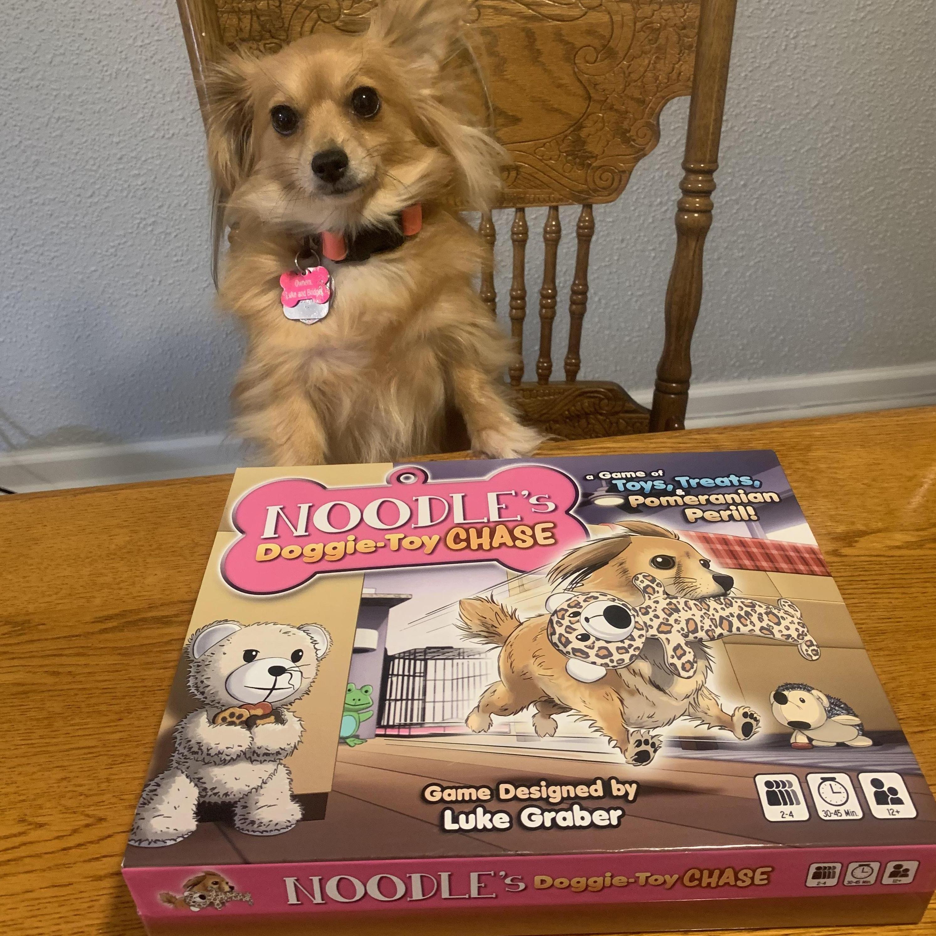 Noodle posing with her custom board game, designed by Luke and gifted to Bridget on the couple's second Christmas together.