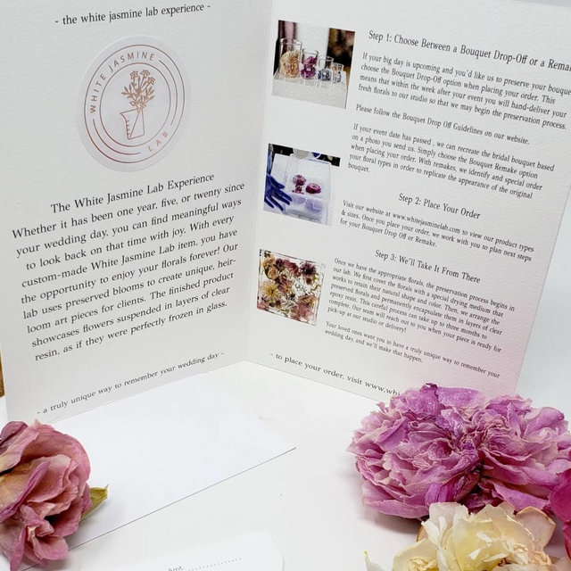 White Jasmine Lab gift card for wedding bouqet preservation