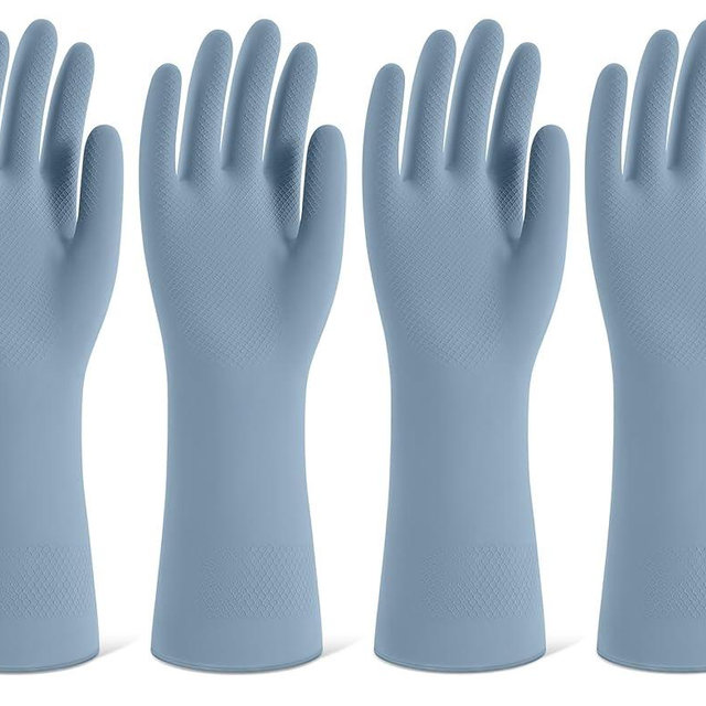 Rubber Cleaning Gloves for Dishwashing, 4 Pairs Reusable Kitchen Gloves for Washing Dishes and Household Cleaning, Blue Dish Gloves with Flocked Lining and Non-Slip Grip, Pefect for Woman Men - M