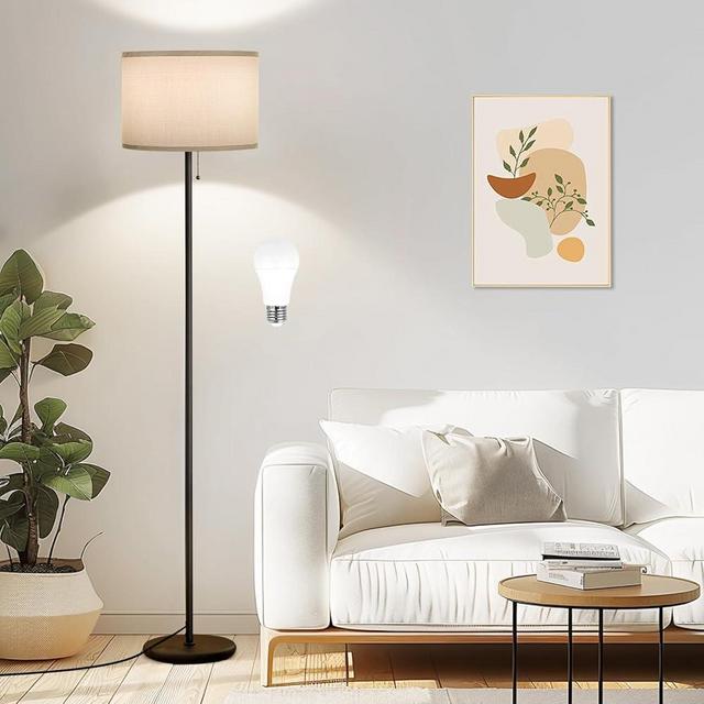 Ambimall Floor Lamps for Living Room with 3 Color Temperatures Bulb & Pull Chain Switch, 60" Modern Standing Floor Lamp for Bedroom Kids Room Study Room（Grey Shade & Black Pole）
