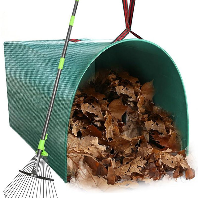 Joyhalo 63.4 Inch Rake for Leaves with 40 Gallon Dustpan-Typ Leaf Bags, Adjustable 18 Tines Metal Leaf Rake Set for Gardening Lawns Yard Outdoor Camping Shrub Grass Bush Grass Clippings
