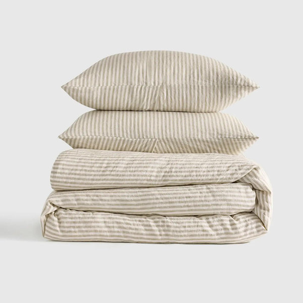 European Linen Duvet Cover Set - King/Cal King WILLOWLEAF/WHITE STRIPE