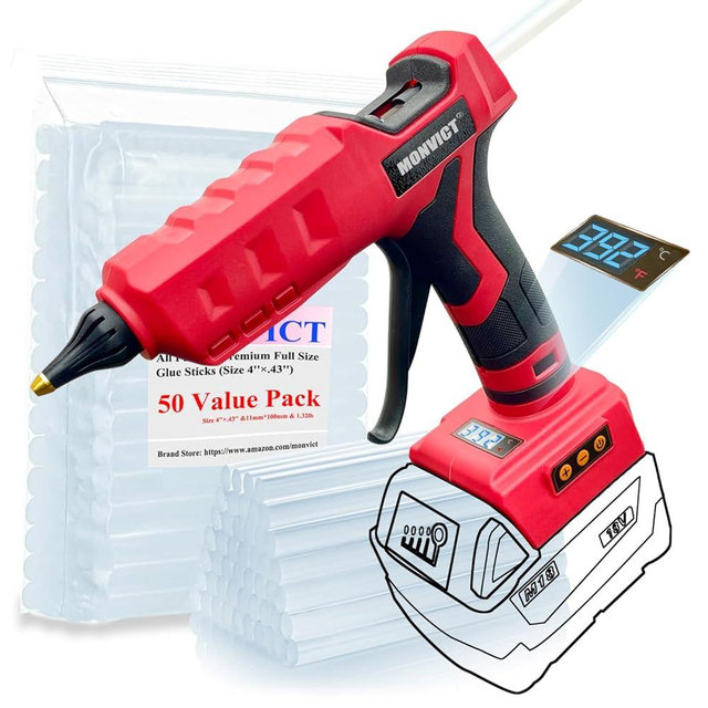 MONVICT Cordless Glue Gun for Milwaukee 18V Battery with 50 Glue Sticks, 100W Upgraded Digital Temperature Adjustable Handheld Electric Power Full Size Heavy Duty Hot Glue Gun (Battery NOT included)