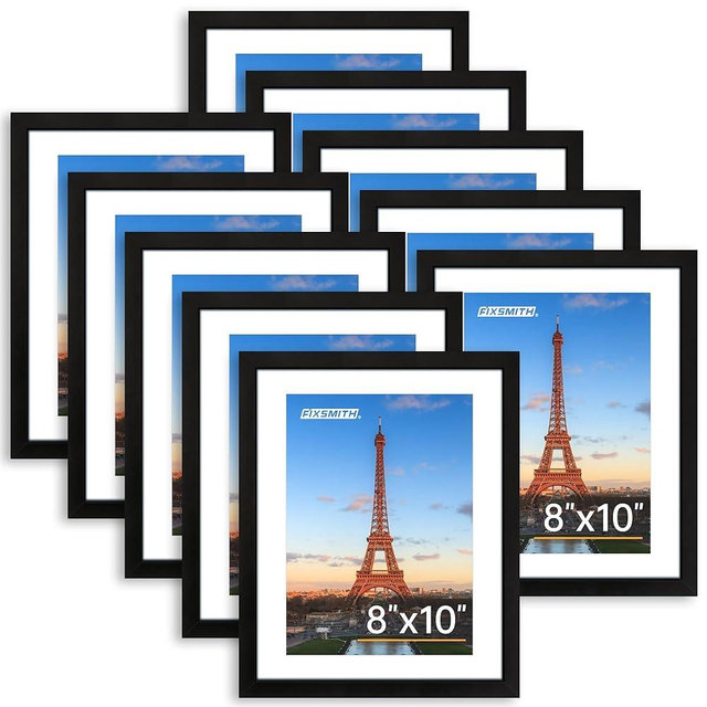 FIXSMITH 8x10 Picture Frame Set of 10, Photo Frame Bulk with HD Plexiglass, Display Pictures 5x7 with Mat or 8x10 Without Mat Multi Picture Frames Collage for Tabletop or Wall Display, Black