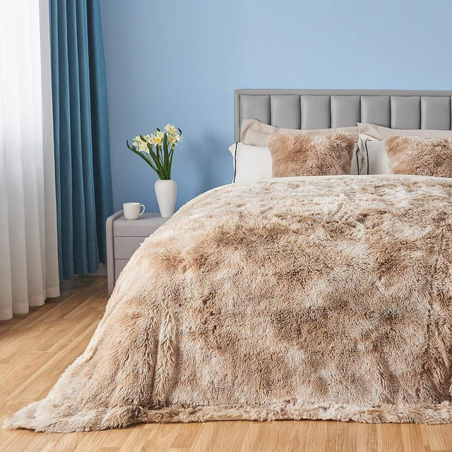 GONAAP Fuzzy Faux Fur Throw Blanket Queen Size Tie-dye Beige Super Soft Cozy Plush Fuzzy Shaggy Blanket for Couch Sofa Bed (Tie-dye Beige, Queen(90"x90"))