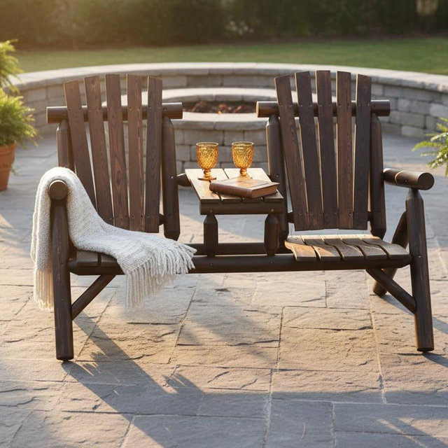 Outdoor Wooden Adirondack Bench with Built-In Table, 2-Person Rustic Patio Loveseat, Carbonized Garden Bench for Backyard, Porch, Pool Deck
