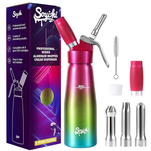 Professional Aluminum Whipped Cream Dispenser 500ml Whip Cream Canister with 3 STAINLESS STEEL Decorating Nozzles & Cleaning Brush Culinary Cream Maker Whipper Purple