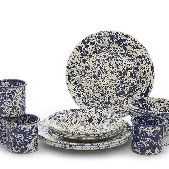 Enamelware Starter Set, 16 piece, Navy/Cream Splatter