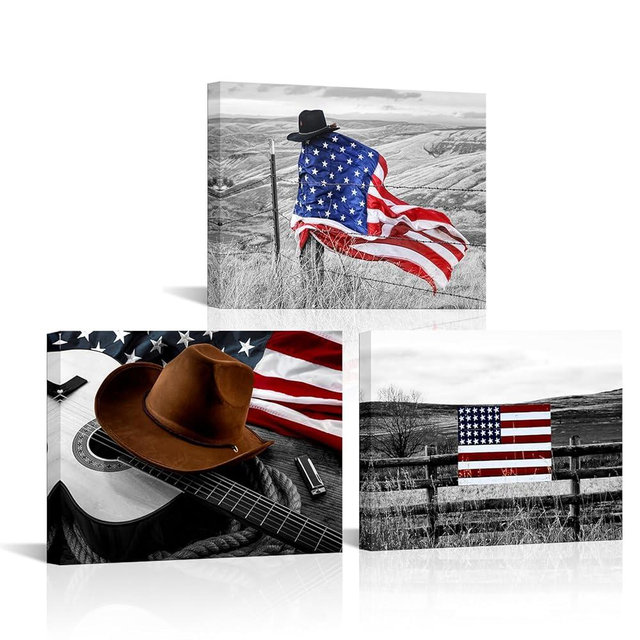 RnnJoile American Flag Canvas Wall Art Patriotic Picture Western Painting for Cowboy Room Decor Home Office Decor Each Piece 12x16 Inch Framed