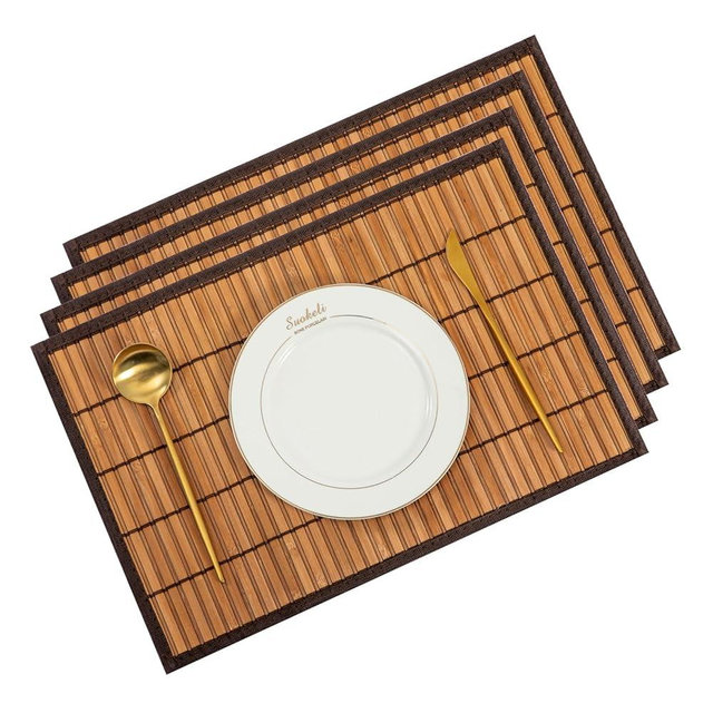 Chryeiiu Bamboo Placemats with Fabric Border Set of 4 Natural Bamboo Rectangular Rolling Table Mats for Dining Kitchen Table Heat Resistant Table Protection Brown