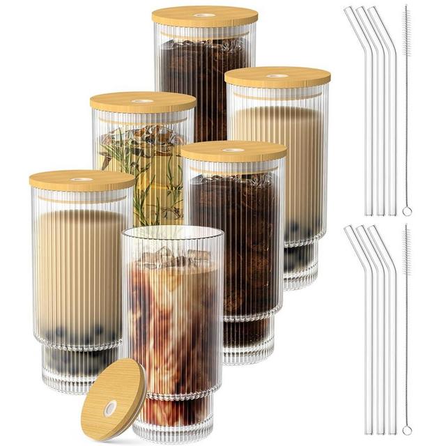 WXCWYQR Glass Cups with Lid and Straw 6 Set, 16OZ Drinking Glasses for Whiskey Cocktail Beer, Iced Coffee Cups with Lid, Glass Tumbler (6 SET)