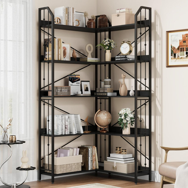 Garvee Corner Bookshelf Industrial Corner Bookcase, l Shaped Bookshelf 5 Tier, Large Bookcases with Beaded Design and Adjustable Feet Black