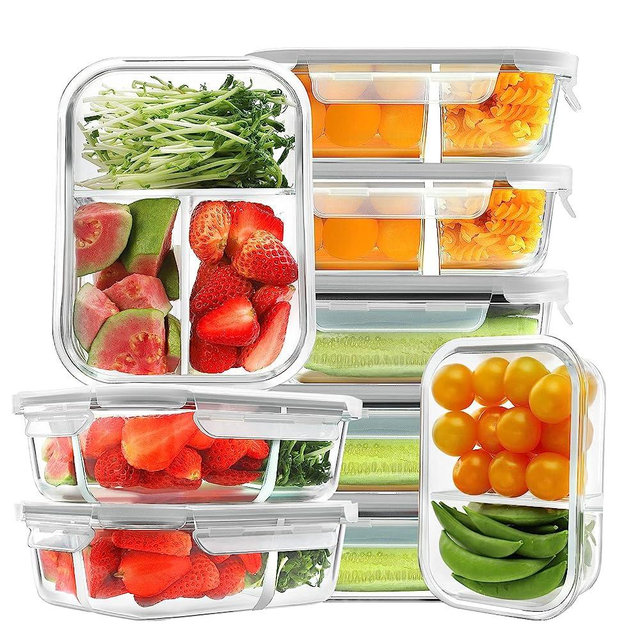 HOMBERKING 9 Pack Glass Meal Prep Containers 3 & 2 & 1 Compartment, Glass Food Storage Containers with Lids, Airtight Glass Lunch Bento Boxes, BPA-Free & Leak Proof (9 lids & 9 Containers) - Grey