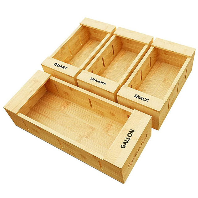 SpaceAid Bag Storage Organizer for Kitchen Drawer, Bamboo Organizer, Compatible with Gallon, Quart, Sandwich and Snack Variety Size Bag (4 Pack), 2.5" High