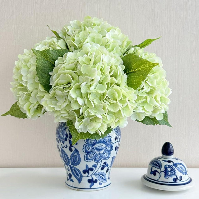 ZYTUYO 3 PCS Light Green Silk Artificial Hydrangea Flowers 21" Faux Large Real Touch Latex Floral Head with Long Stems Leaves for Wedding Home Kitchen DIY Bouquet Bride Decor