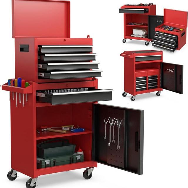 Goplus Tool Chest, 5-Drawer Rolling Tool Storage Cabinet with Detachable Top Tool Box, Liner, Universal Lockable Wheels, Adjustable Shelf, Locking Mechanism, Metal Tool Cart for Garage Workshop