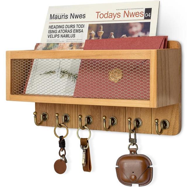Rebee Vision Farmhouse Key and Mail Holder for Wall with Mesh Mail Basket : Decorative Mail Organizer Wall Mount with 6 Retro Key Hooks - Rustic Home Decor for Entryway (Light Brown)