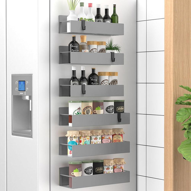 HuggieGems 6 Pack Magnetic Spice Storage Rack Organizer for Refrigerator and Oven, Gray Fridge Organizers and Storage