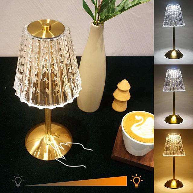 Amingulry Cordless Table Lamp, Rechargeable Battery Operated Lamp, 3 Way Modes & Stepless Dimmable LED Touch Lamp, Portable Crystal Gold Metal Beside Lamps for Bedroom Living Room Restaurant Outdoor