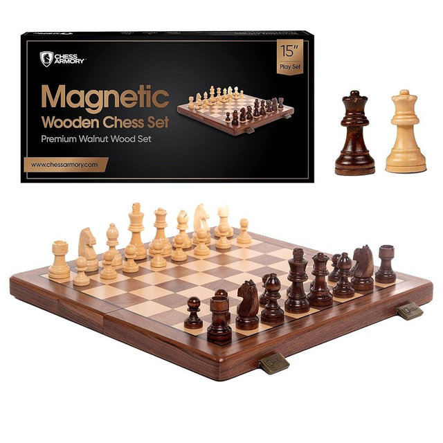 Chess Set Magnetic - Premium Wooden Board Game with a Portable Wood Case and Secure Storage for Pieces, Set for Kids and Adults (Walnut Wood) - Chess Armory