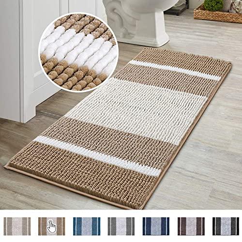 Super Cozy Plush Chenille Shaggy Bath Mat, Gradient Beige Stripe Pattern Soft Microfiber Bath Rug, Ultra Absorbent Non Slip Bathmat Machine Washable Rug for Tub Shower, (47×17 inch, Beige)
