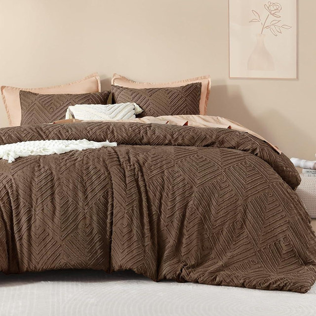 Litanika California King Comforter Set Brown, 3 Pieces Tufted Boho Farmhouse Bedding Comforter Sets, Lightweight Fluffy Comforter Bed Set All Season (104x96In Comforter & 2 Pillowcases)