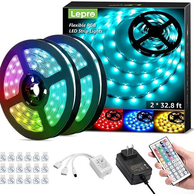 Lepro 65.6ft LED Strip Lights, Ultra-Long RGB 5050 LED Strips with Remote Controller and Fixing Clips, Color Changing Tape Light with 12V ETL Listed Adapter for Bedroom, Room, Kitchen, Bar(32.8FTX 2)