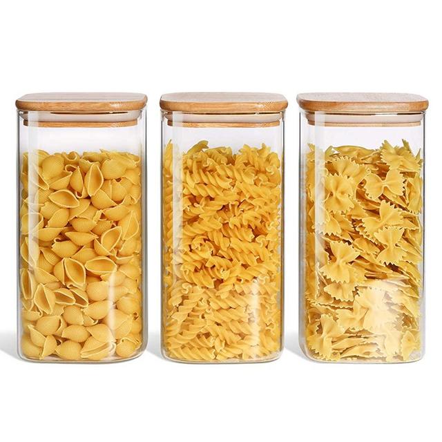 ComSaf Airtight Glass Storage Canister with Wood Lid (50oz), Clear Food Storage Container Jar with Sealing Bamboo Lid for Noodles Flour Cereal Rice Sugar Tea Coffee Beans, Set of 3