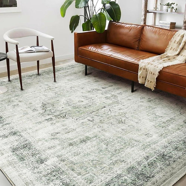 CHAMPLANT Area Rug 6'x9' Washable Floral Green Vintage Traditional Floor Cover Thin Retro Kitchen Indoor Distressed Non Slip Carpet for Living Room Bedroom Dining Room