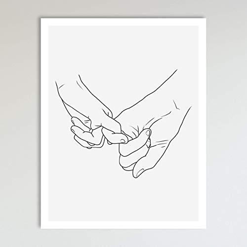 Pinky Promise, Grey and Black Holding Hands Minimalist Abstract Line Drawing Art, Black and Grey Contemporary Wall Art For Bedroom and Home Decor, Modern Boho Art Print Poster 11x14 Inches, Unframed