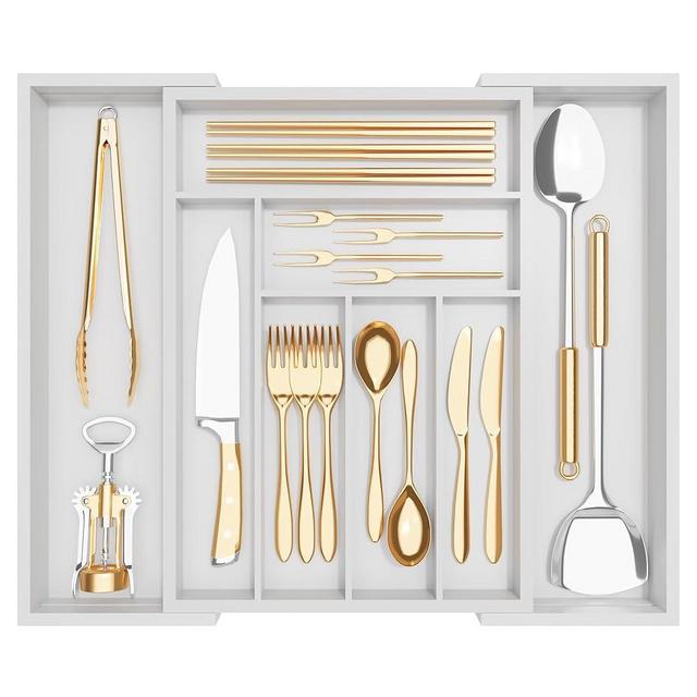 Chubangshou Utensil Drawer Organizer Silverware Organizer for Kitchen Drawer, Bamboo Flatware Organizer Expandable Desk Drawer Organizer & Makeup Tray, 8-Compartment（White）