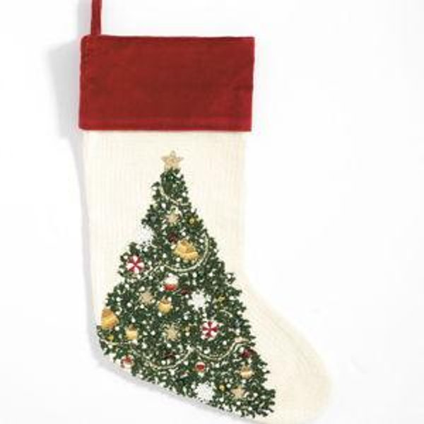 Ivory Christmas Tree Crewel Stocking