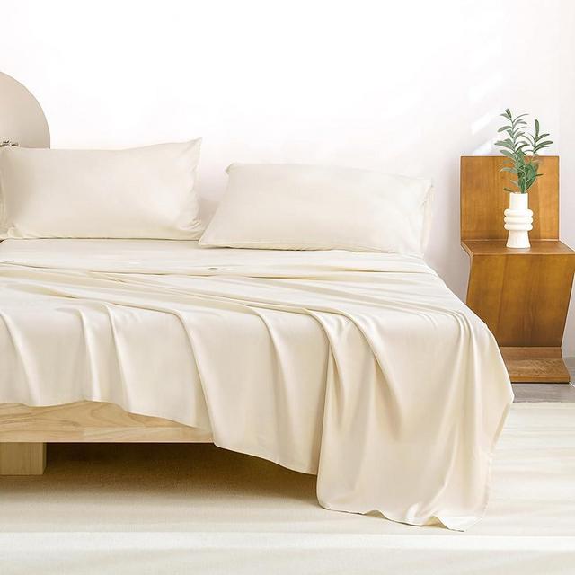 Andency Bamboo Sheets Queen Size, 100% Viscose Derived, Cooling Queen Sheet, Deep Pocket Up to 16", Silky Soft Bed Sheets, Hotel Luxury Breathable Bedding Sheets & Pillowcases, Beige