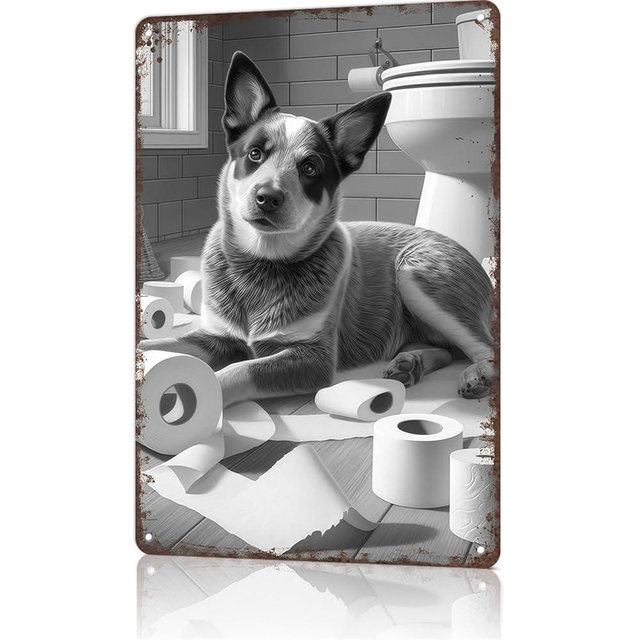 Trendy Australian Cattle Dog Bathroom Metal Sign Black And White Heeler Toilet Tin Signs Funny Room Aesthetic Poster For Bathroom & Restroom Wall Decor 8x12 Inch