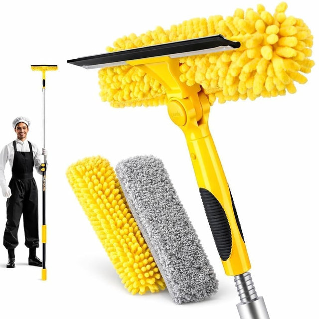 18ft Squeegee Window Cleaner with Extension Pole,2 in 1 Window Cleaning Tool with 3-Stage Telescopic Pole & Rotatable Head,Window Washing Equipment for Solar Panel, RV, Indoor/Outdoor Window,Car Glass