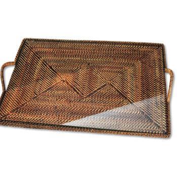Wicker Serving Ware Rectangular Tray w/ Glass Bottom