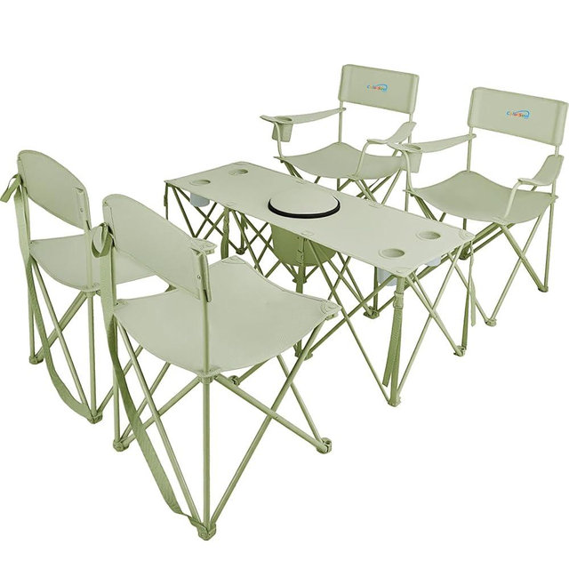 5 Pcs Camping Chair and Folding Camping Table Set, Outdoor Folding Picnic Chairs Lawn Portable Camp Table with Cooler Bag & Cup Holder for Camping, Fishing, Sporting Events, Support 500lbs, Green
