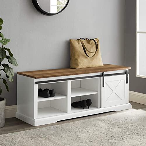 Walker Edison Farmhouse Sliding Barn Door Entryway Bench Shoe Storage Shelf Hallway Organizer, 48 Inch, White