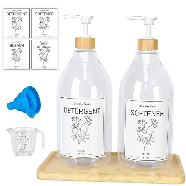 Laundry Detergent Dispenser, Liquid Laundry Soap Dispenser for Laundry Room, 67oz Storage Container for Farmhouse Decor, Includes Pumps, Collapsible Funnel, Labels and Bamboo Tray