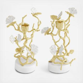 Butterfly Ginkgo Gold Candleholder, Set of 2