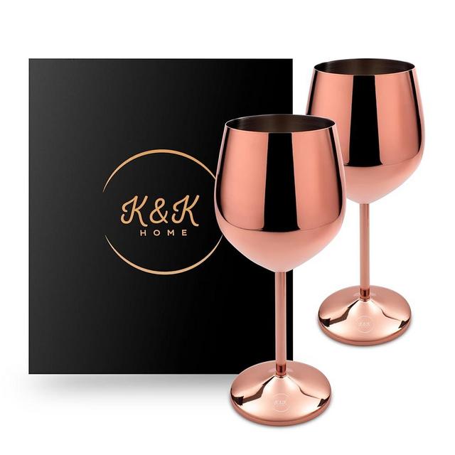 K&K Home Rose Gold Stainless Steel Unbreakable Wine Glasses - 18 oz - Set of 2 Colored, Stemmed Metal Wine Glasses Perfect for Outdoors, Weddings, and Parties