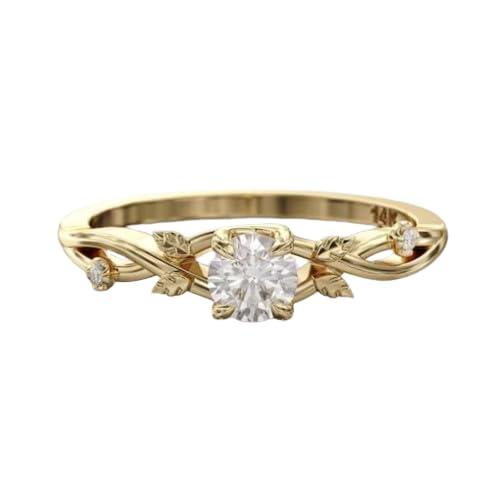 Phoenixjewel 1 Ct Round Diamond Delicate Infinity Shank Nature Inspire Solitaire Engagement Ring For Women 14K Yellow Gold Finish Vine Leaf Design Ring 925 Sterling Silver Handmade Promise Ring