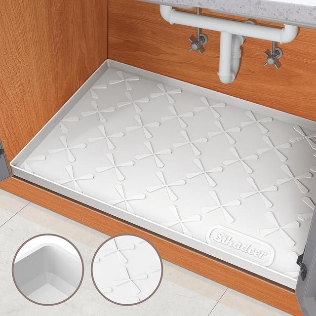 SIKADEER Under Sink Mat for Kitchen Waterproof, 31" x 22" Silicone Cabinet Liner Mat for Bathroom Under Sink Organizer with Raised Edge Protector for Drips Leaks Spills Tray (White)