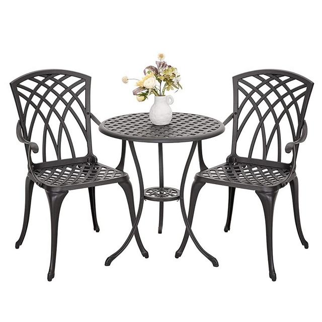 Nuu Garden 3 Piece Patio Bistro Sets Cast Aluminum Bistro Table Set Outdoor Patio Furniture with Umbrella Hole for Patio Balcony, Black