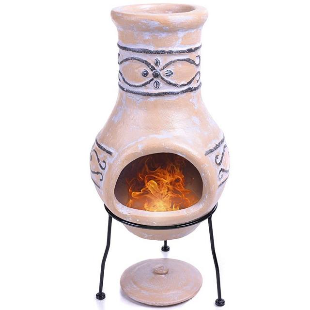 Small Chiminea Outdoor Fireplace – Wood Burning Clay Chiminea with Protective Chimney Rain Lids and Solid Metal Stands - Terracotta Chimenea for Patio, Garden – Rustic Fire Pit Chimnea Chimney