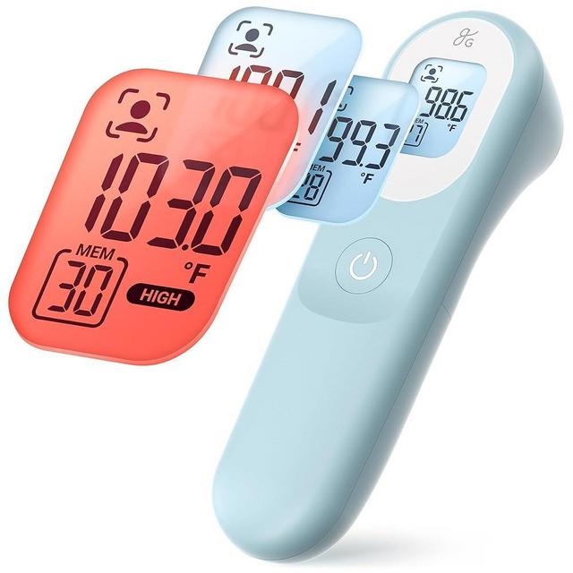 Greater Goods No-Touch Infrared Temporal Thermometer for Adults, Kids, and Babies, Forehead Thermometer with Ergonomic Grip, Fever Alarm, HSA FSA Eligible, Powder Blue