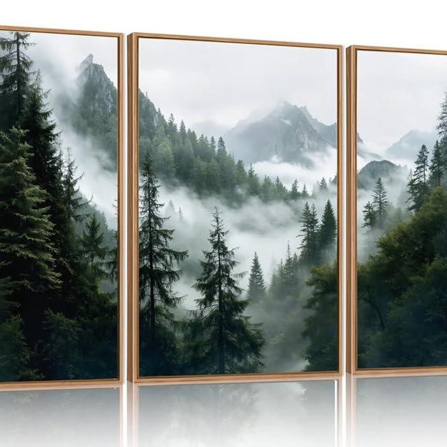 HOURIA Boho Forest Mountain Framed Canvas Wall Art Set,Nature Foggy Woodland Ridge Wall Decor,Misty Pine Tree Artwork,Sage Green Botanical Art Prints for Living Room, Bedroom, Farmhouse-24 x36 x3