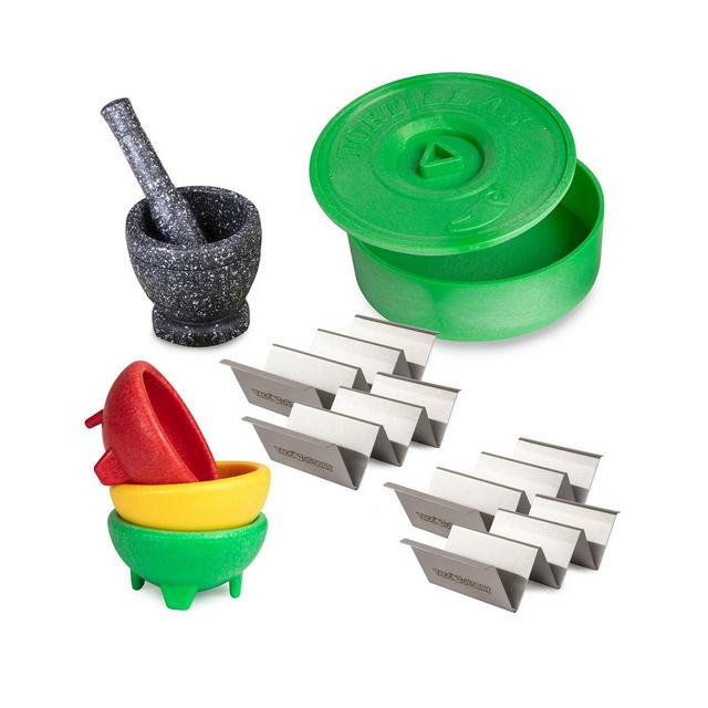 Taco Tuesday TTTK4 Taco Kit, Includes Tortilla Warmer, 3 Salsa Bowls, 4-Set Taco Shell Holders, Mortar Pestle